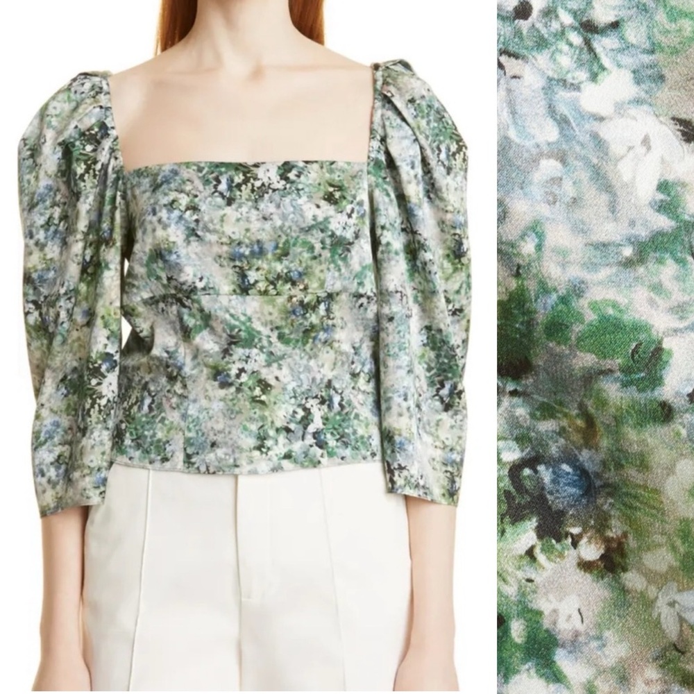 NWT‎ Vince Painted Floral Square Neck Blouse Satin Viscose Empire Waist Green 6
